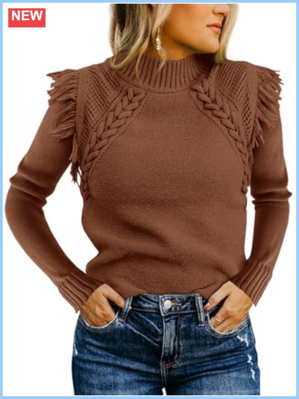 Cable Knit Mock Neck Fringe Fitted Long Sleeve Boho Pullover Sweater